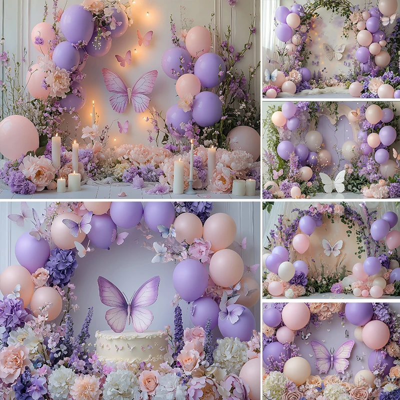 

LS Blue Purple Butterflies Garden Backdrops Kids Baby 1st Birthday Cake Smash Photocall Floral Spring Photo Props Backgrounds