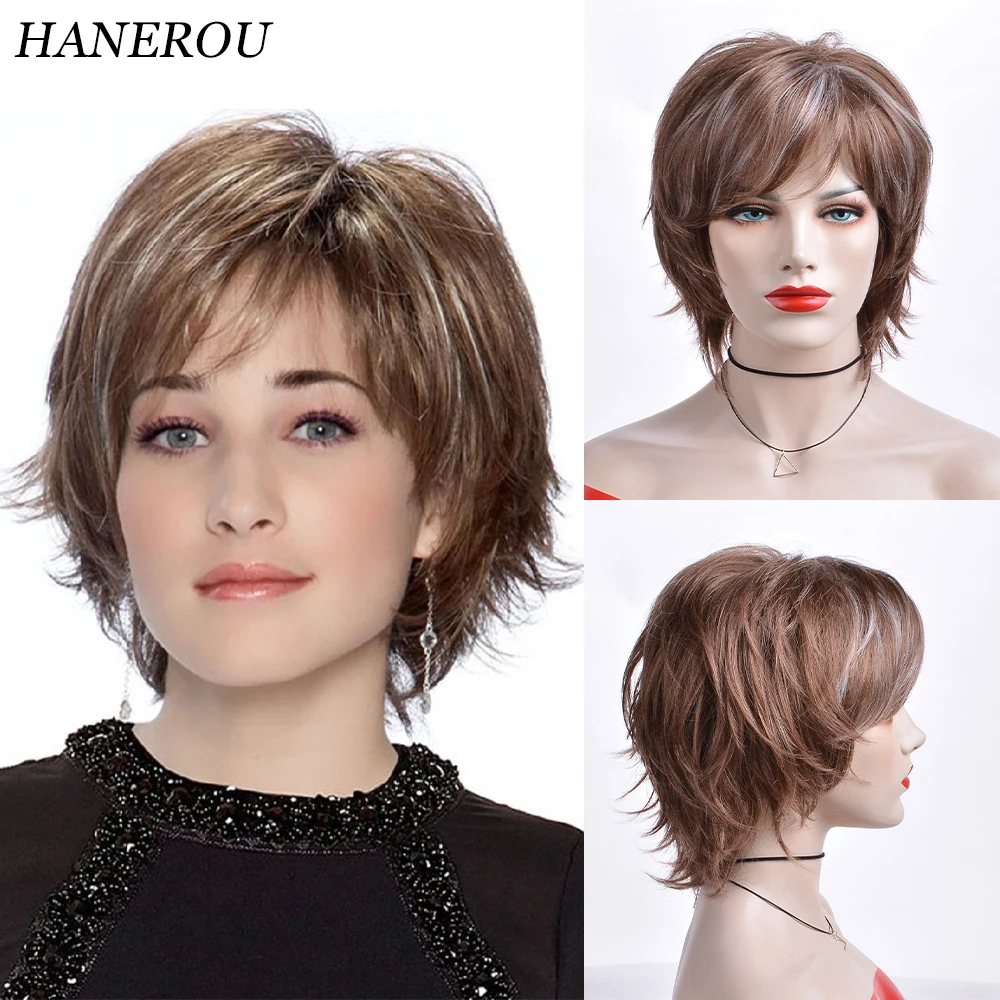 

HANEROU Pixie Cut Short Women Synthetic Wig Straight Wavy Ombre Brown Gray Natural Hair Heat Resistant Wig for Daily Party