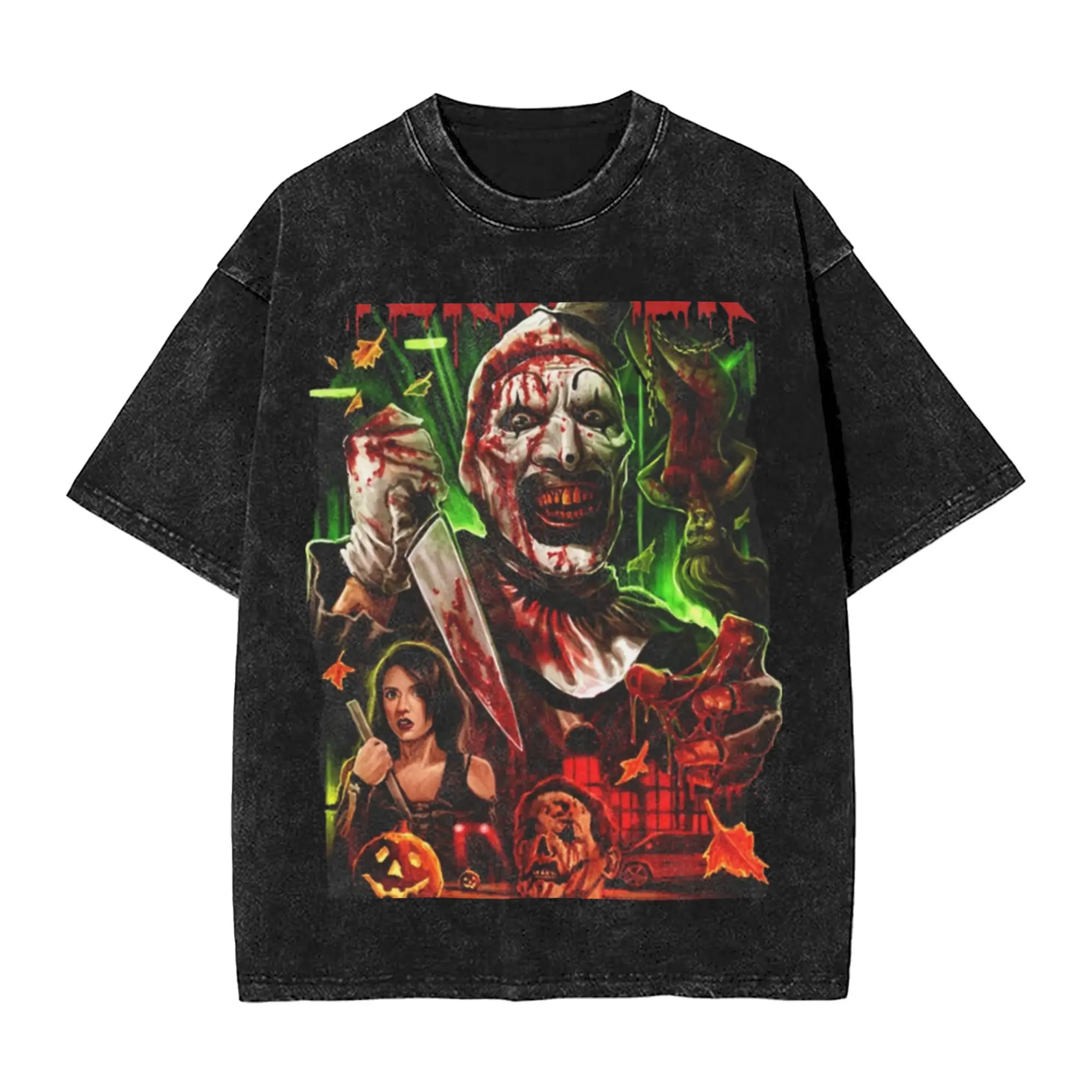 

Terrifier Men's T Shirt Washed Halloween Novelty Tees Short Sleeve O Neck T-Shirts Cotton Gift Clothing