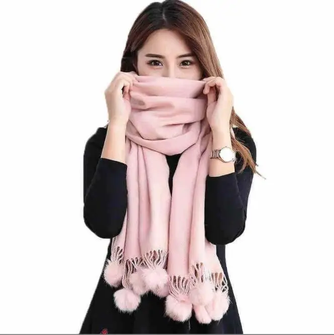 Women High Quality Plain Rabbit Fur Pom Pom Cashmere Shawl Scarf Winter Oversized Pashminas Poncho Hijab Blanket Cachecol