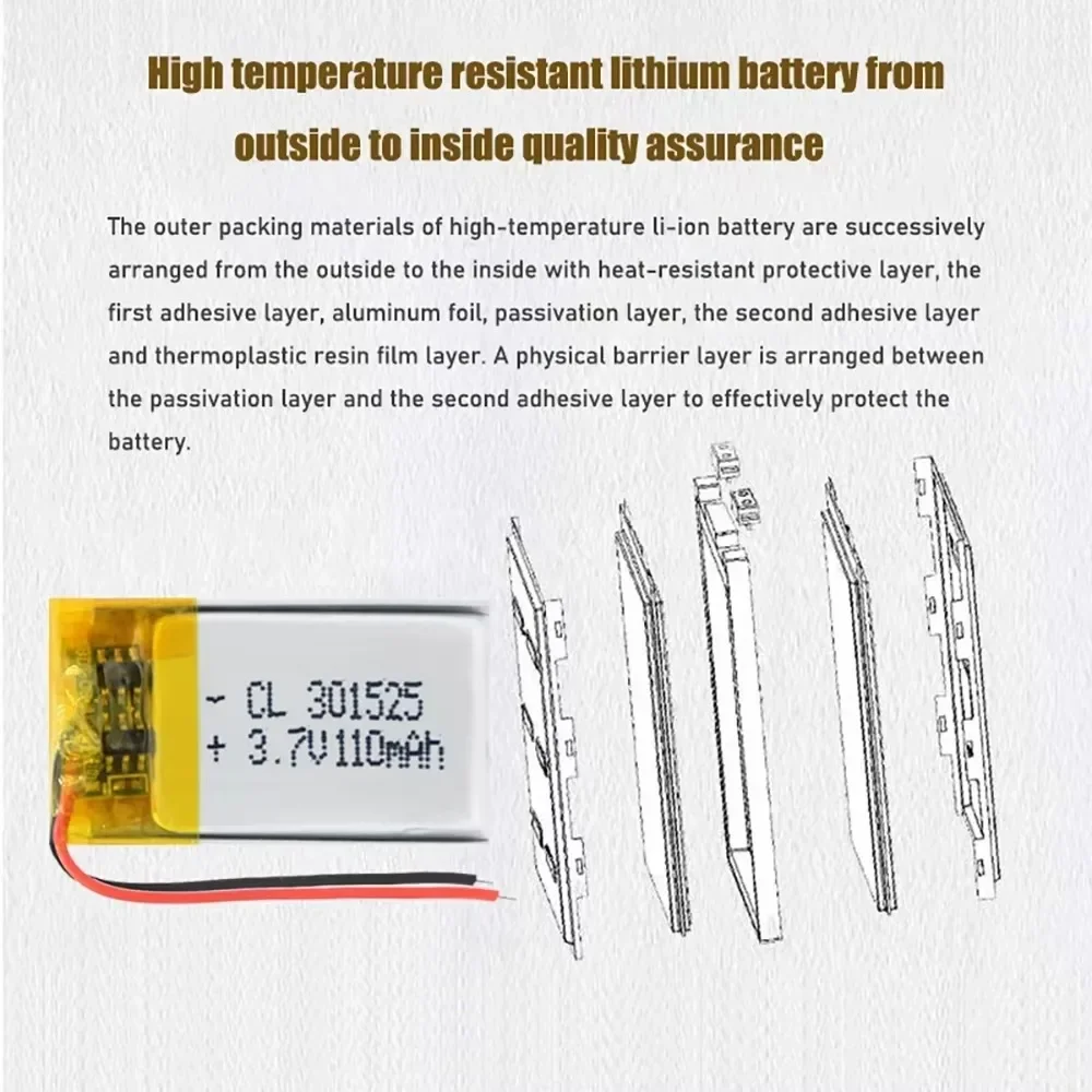 3.7V 110mAh Li-ion Battery 301525 Lithium Polymer Rechargeable Battery for GPS Locator MP3 MP4 Bluetooth Speaker LED Light