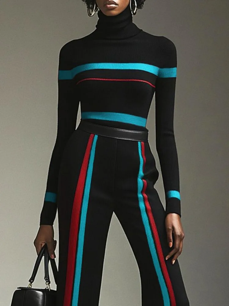 

Freeacy Women's Contrast Color Turtleneck Sweater 2025 Autumn and Winter Fashion Skinny Long Sleeves Pullovers Shirt Top