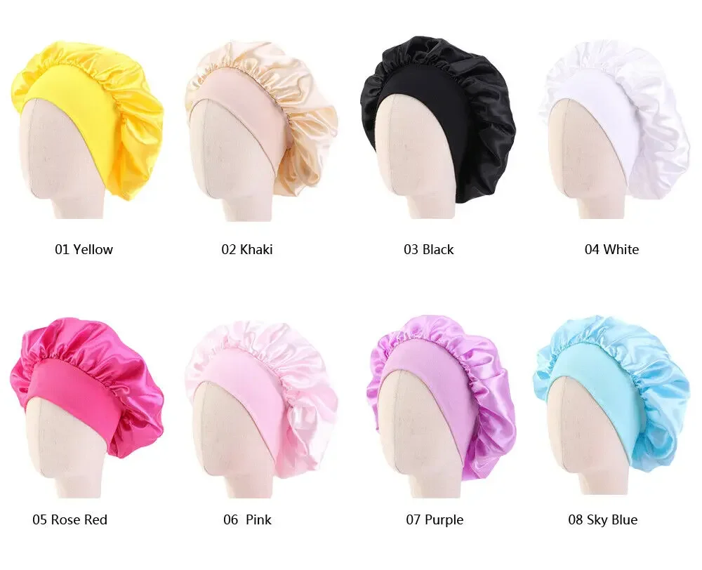 Kids Night Sleep Cap Hair Care Bonnet Hat Head Cover Satin Turban Head Wrap Wide Band Elastic Beanies Skullies Bathing Cap 29cm