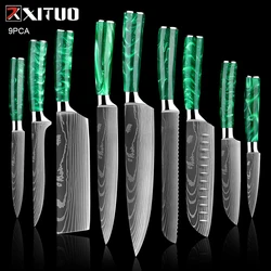 XITUO 1-10 PCS Kitchen Knives Sets Pro Chef knife Japanese Damascus laser pattern Santoku Slicing Knife Green Resin Handle