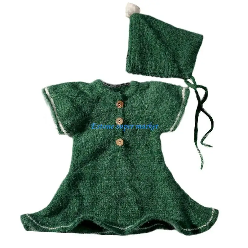 090B 2PCS Adorable Crochet Newborn Santa Outfit Knitting Fabric Romper Dress with Hat