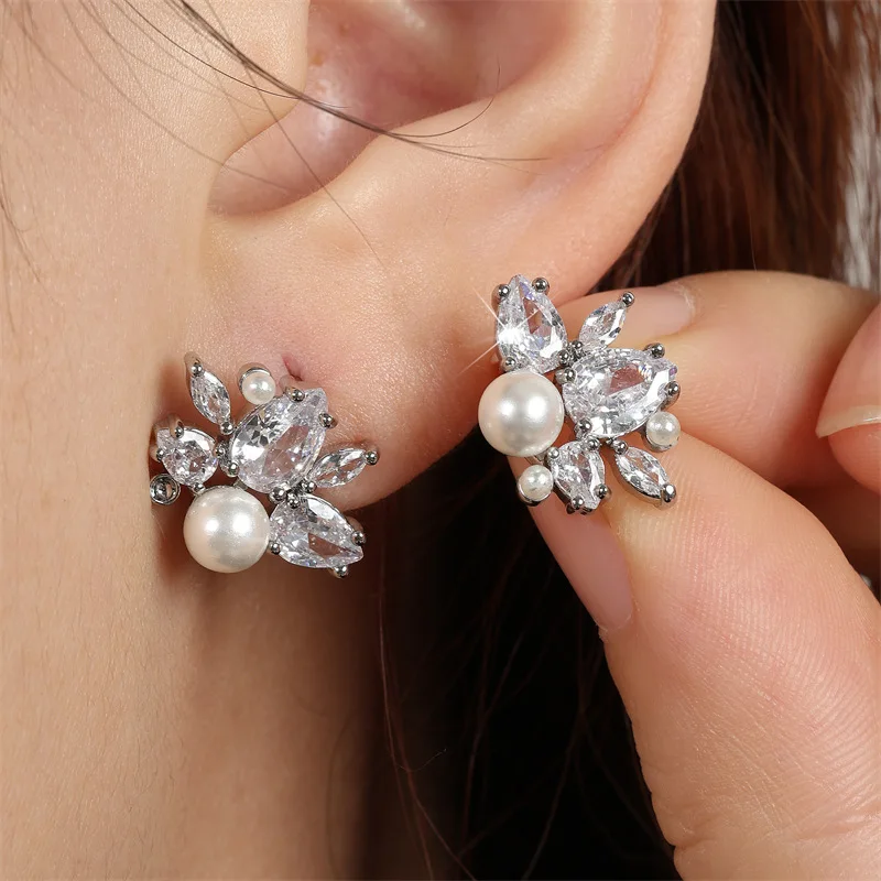 ZAKOL Silver Color Zircon Imitation Pearl Stud Earrings For Women Simple Cute Ear Accessories Jewelry Gifts