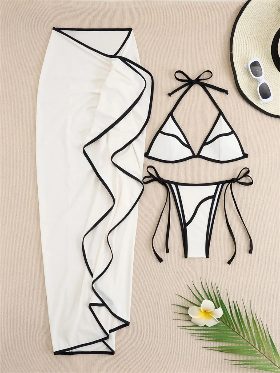 3 Pieces Halter Bikinis 2025 Solid Swimwear Female Sexy Swimsuit Women With Mesh Beach Dress Bathers Bathing Swimming Swim Suit