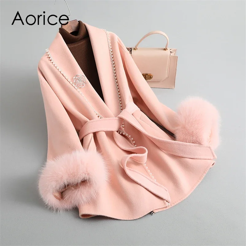 Women Luxury Winter Wool Fur Coat Jacket Femal Fox Fur Collar Coats Lady Over Size Parka Trench CT2132