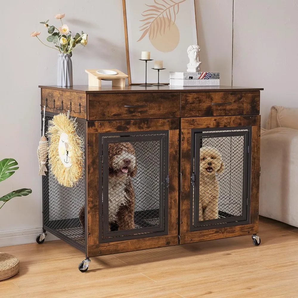 

43" Large Dog Crate Furniture, Wood Dog Kennel End Table With Drawers, Decorative Pet Crate With Removable Partitions & Wheels,