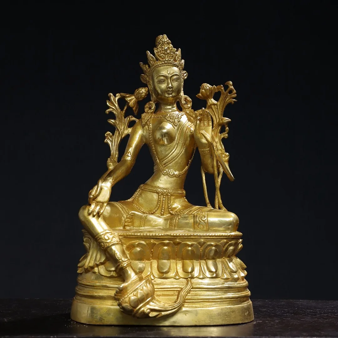 

10"Tibetan Temple Collection Old Bronze Cinnabar Gilded White Tara Double Lotus Terrace Sitting Buddha Worship Hall Town House