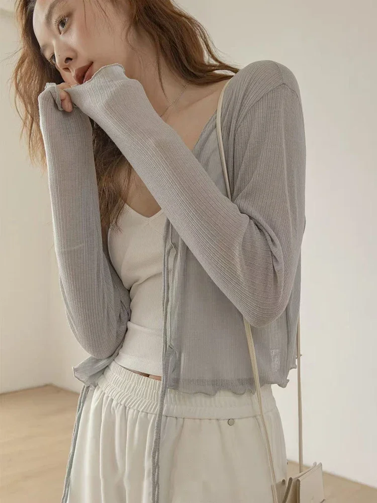 

Korean Elegant Thin Sun Protection Shirt Women Y2K Summer Stylish Lace Up Cotton Cardigan Streetwear Long Sleeve Smock JJ322