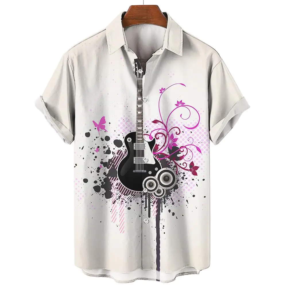 Camisa colorida de música havaiana masculina, camisa de rock estampada guitarra saxofone 3D, manga curta para praia, casual tops grandes, blusa