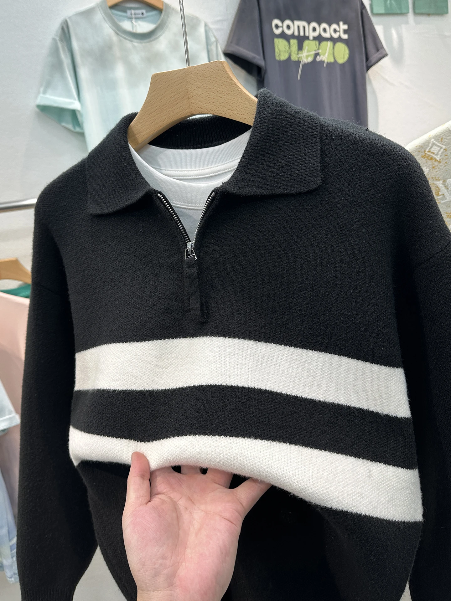 

Мужской вязаный свитер с отложным воротником, в полоску, в американском стиле, зимний, модный, мягкий, с длинными рукавами, на молнии, свободного кроя, комфортный