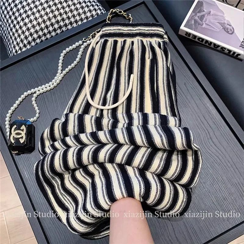 Autumn NewTexture Black Striped Pants Women Hanging Knitted Floor Pant Casual Long Wide Leg Trouser Lazy Style Clothes