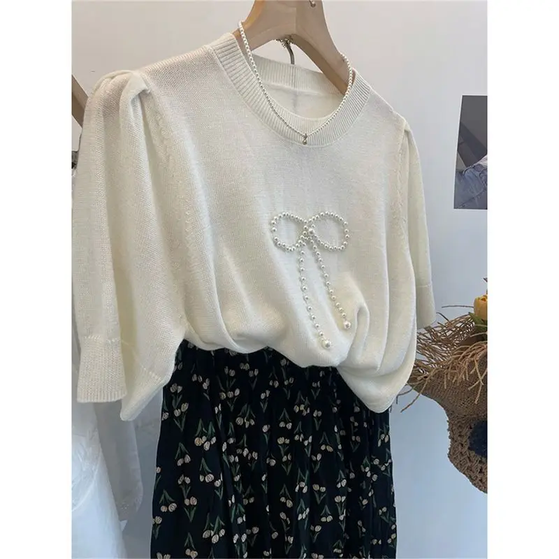 

Women's Clothing Pearl Bow Loose T-shirt Summer Cool Silk Knit Puff Sleeve Elegant Tees Lady Basic Versatile O-neck Simple Tops