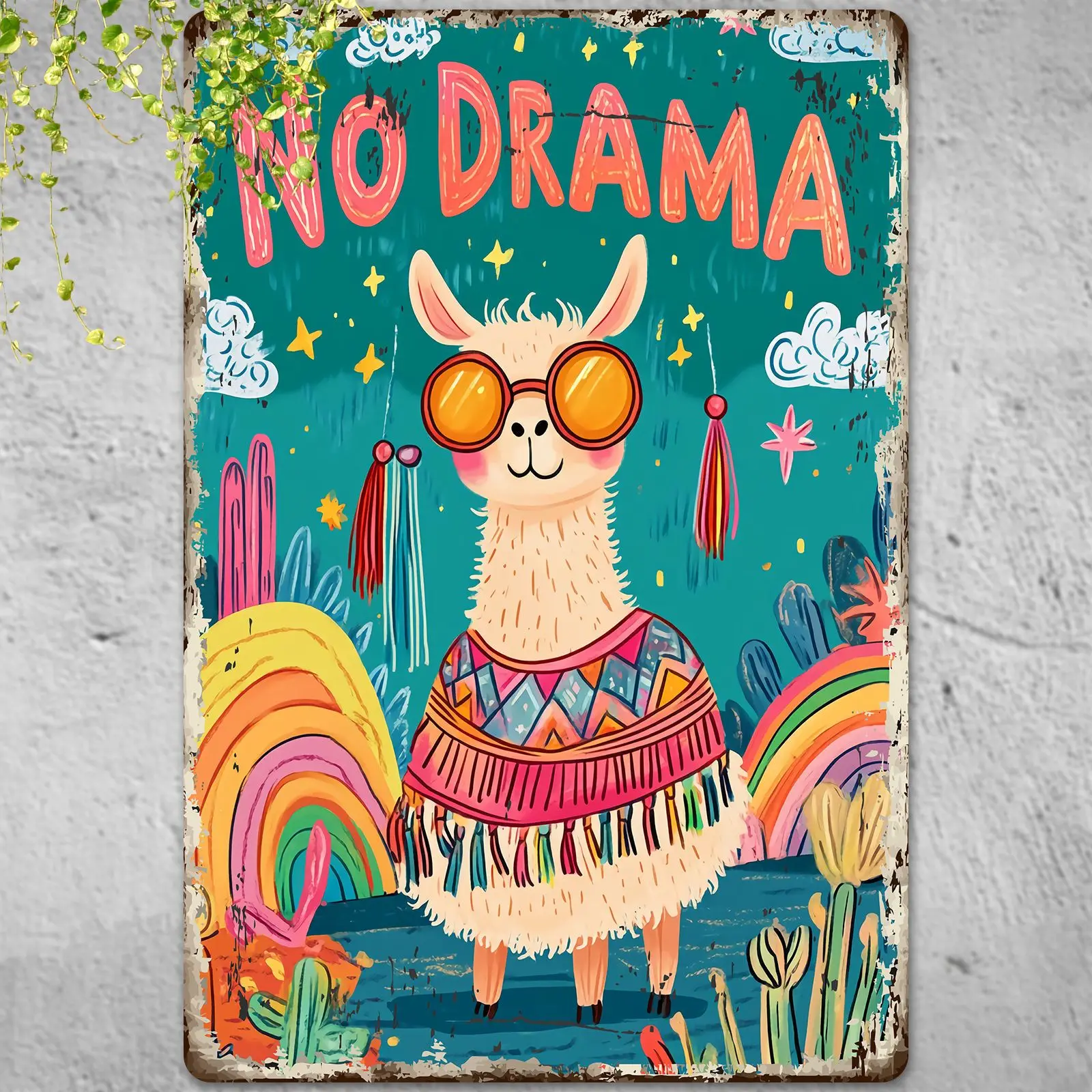 Panneau décoratif mural en métal vintage No Drama Llama - Décoration rétro en fer avec motif désert coloré, trous pré-percés, imperméable
