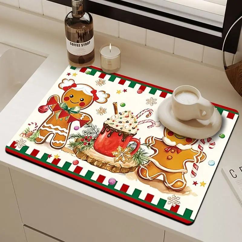 VIKAMA Gingerbread Man Dish Drying Mat Christmas Absorbent Kitchen Counter Mat Non Slip Tableware Drainer Pad Decor
