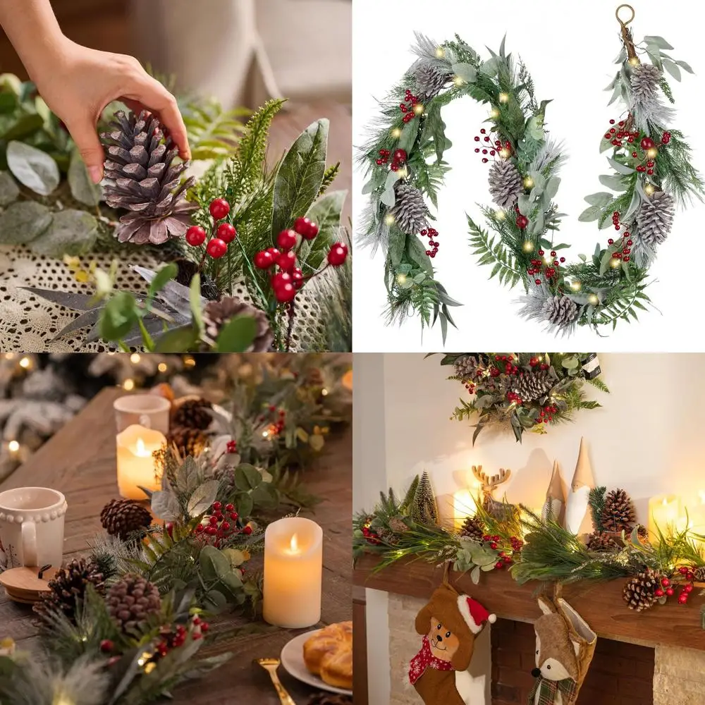 

6-футовая предварительно освещенная рождественская гирлянда из красных ягод с шишками для каминной, лестницы, камина или стола — праздничный декор для дома и улицы