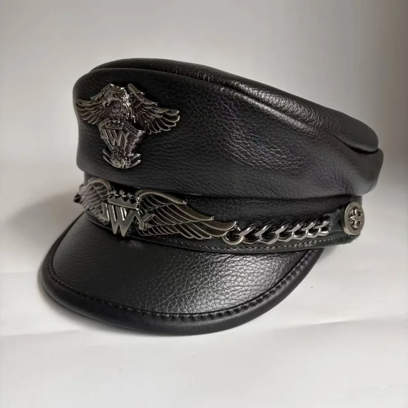 Men's Genuine Cowhide Leather Militar Flat Top Cap - Punk Rock Biker Captain Hat Spring Autumn Cadet Hat for Women