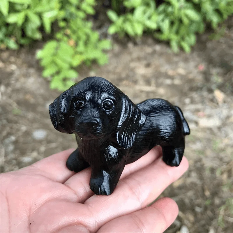 Natural Black Obsidian Cartoon Dog Carving Quartz Healing Crystal Stone, Cute Birthday Present, Home Decoration, 1Pc