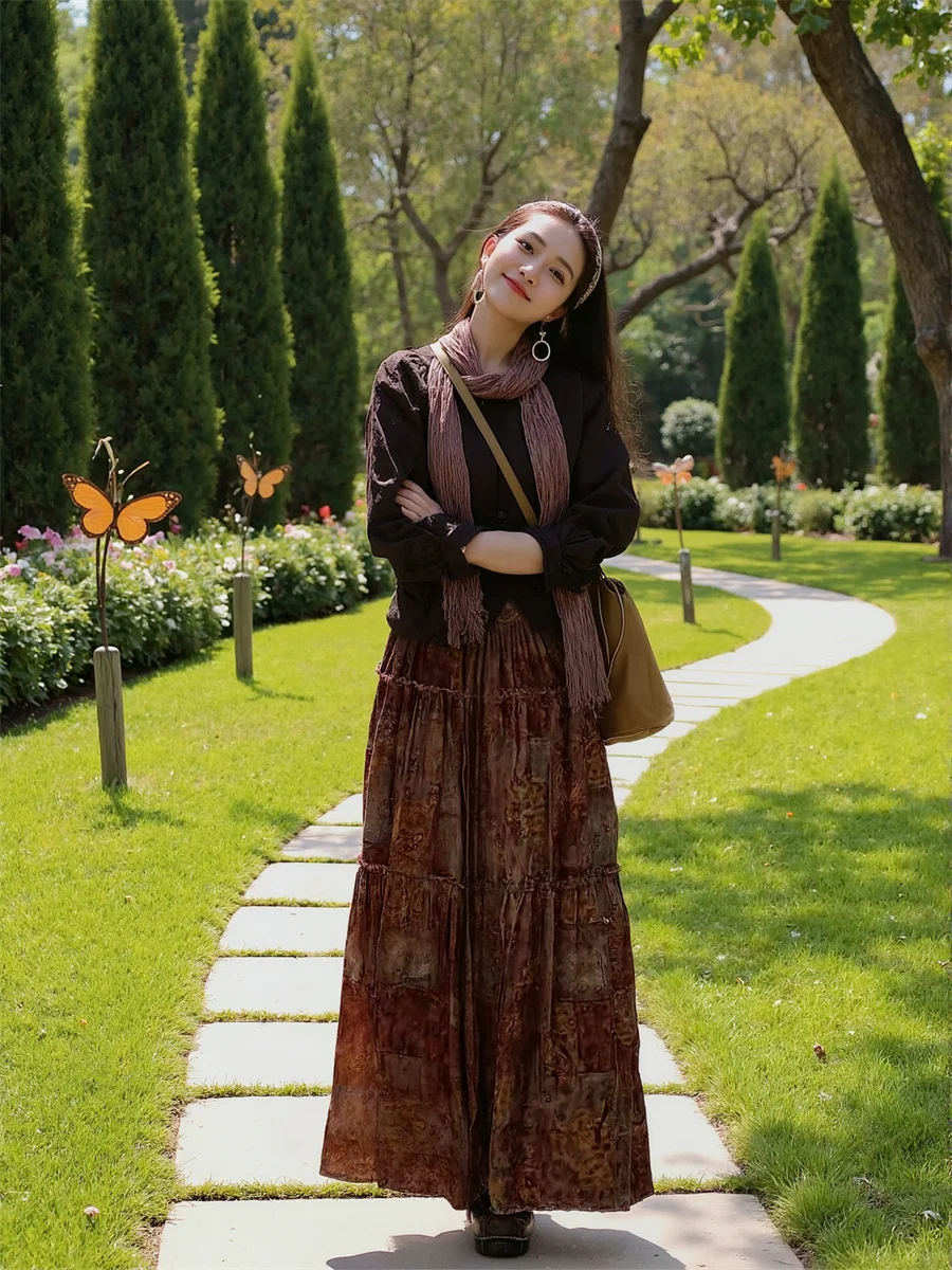 

Vintage Prints Long Skirts Womens Mesh Layered Pleated Ruffle Hem Elegant A Line High Waist Elastic Summer Flowy Skirt