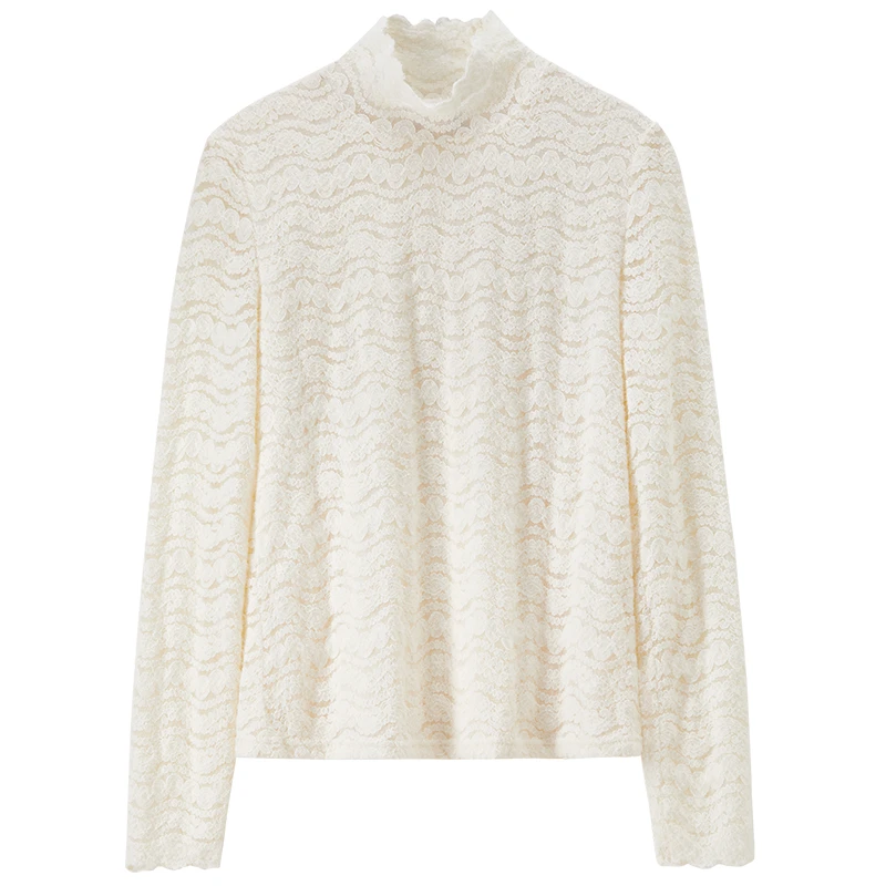 SENTUBILA Damska bluzka z długim rękawem 2025 Jesień Koronkowa bluzka z golfem Jednolita ażurowa dopasowana odzież damska Elegancka bluzka 153SA3129