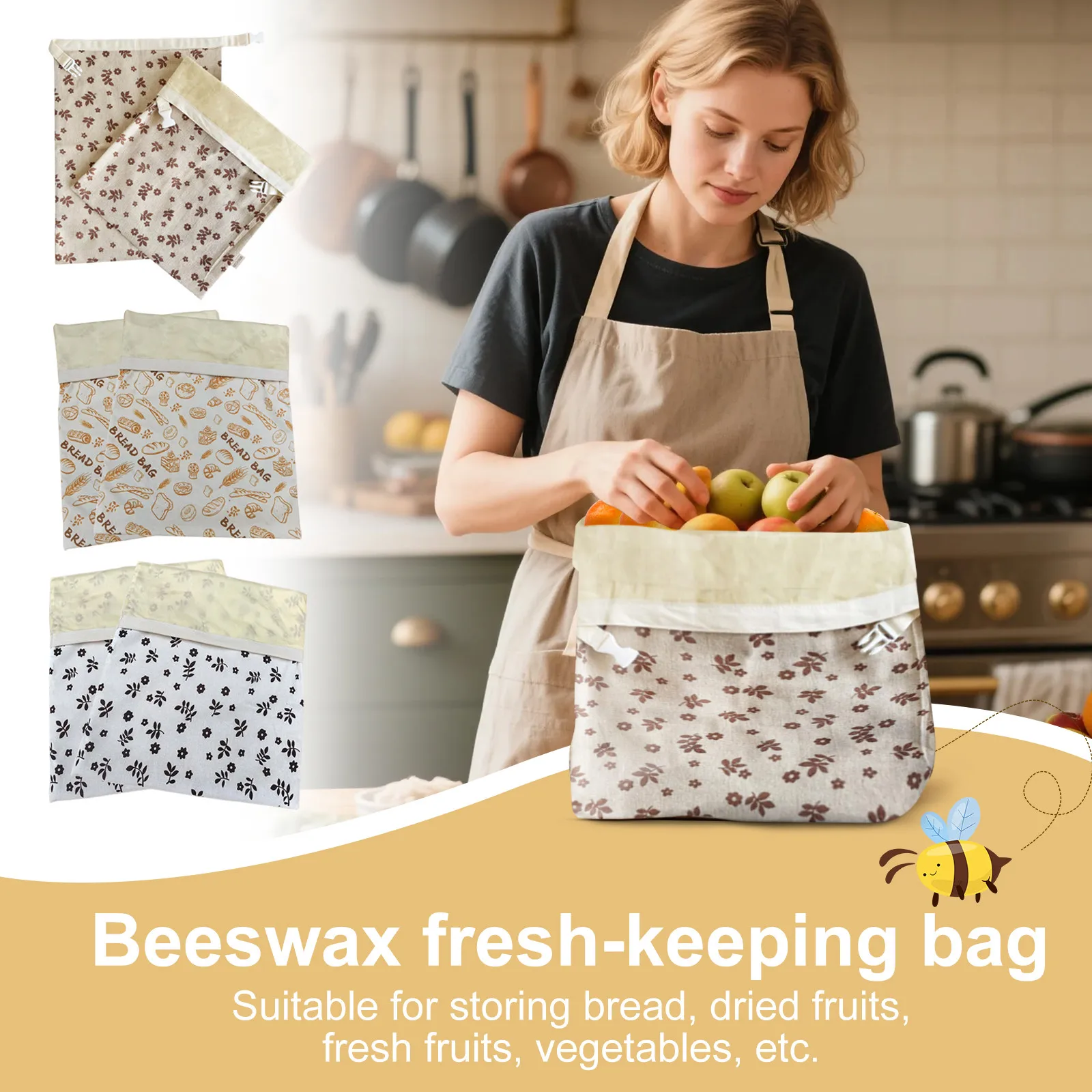 

Reusable Bread Bags Beeswax Organic Bread Storage Bags with Removable buckle Cotton Food Storage Bags Kitchen Organizer