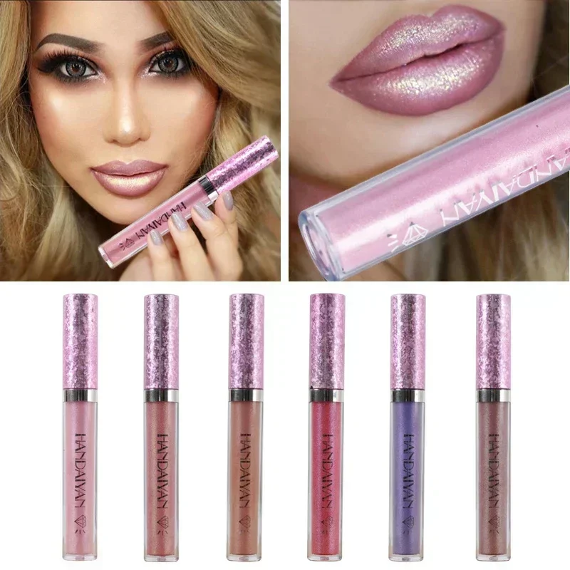 6 cores marca diamante brilho batom metálico à prova dwaterproof água longa duração tatuagem batom líquido glitter pó brilho labial