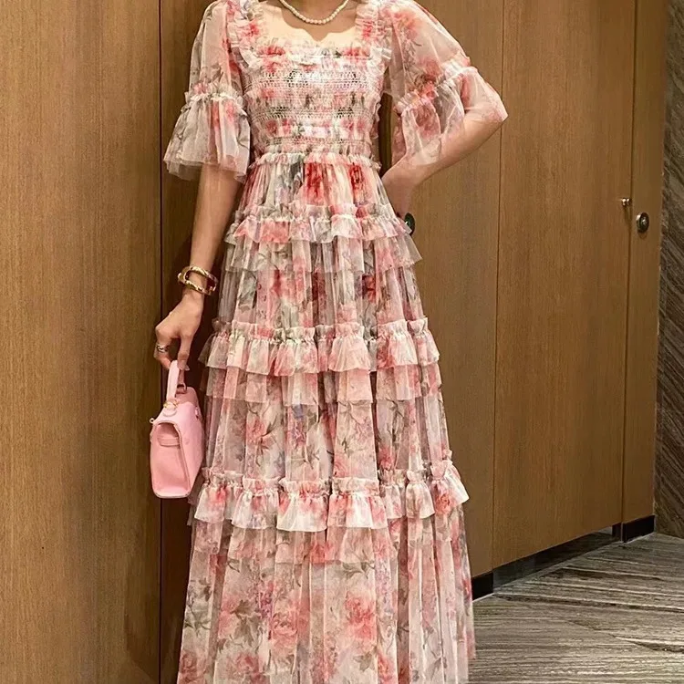 Brand Designer Floral Tulle Wedding Prom Dress Women Summer Holiday Short Sleeve Layer Ruffles Cake Dresses Long Maxi Vestidos