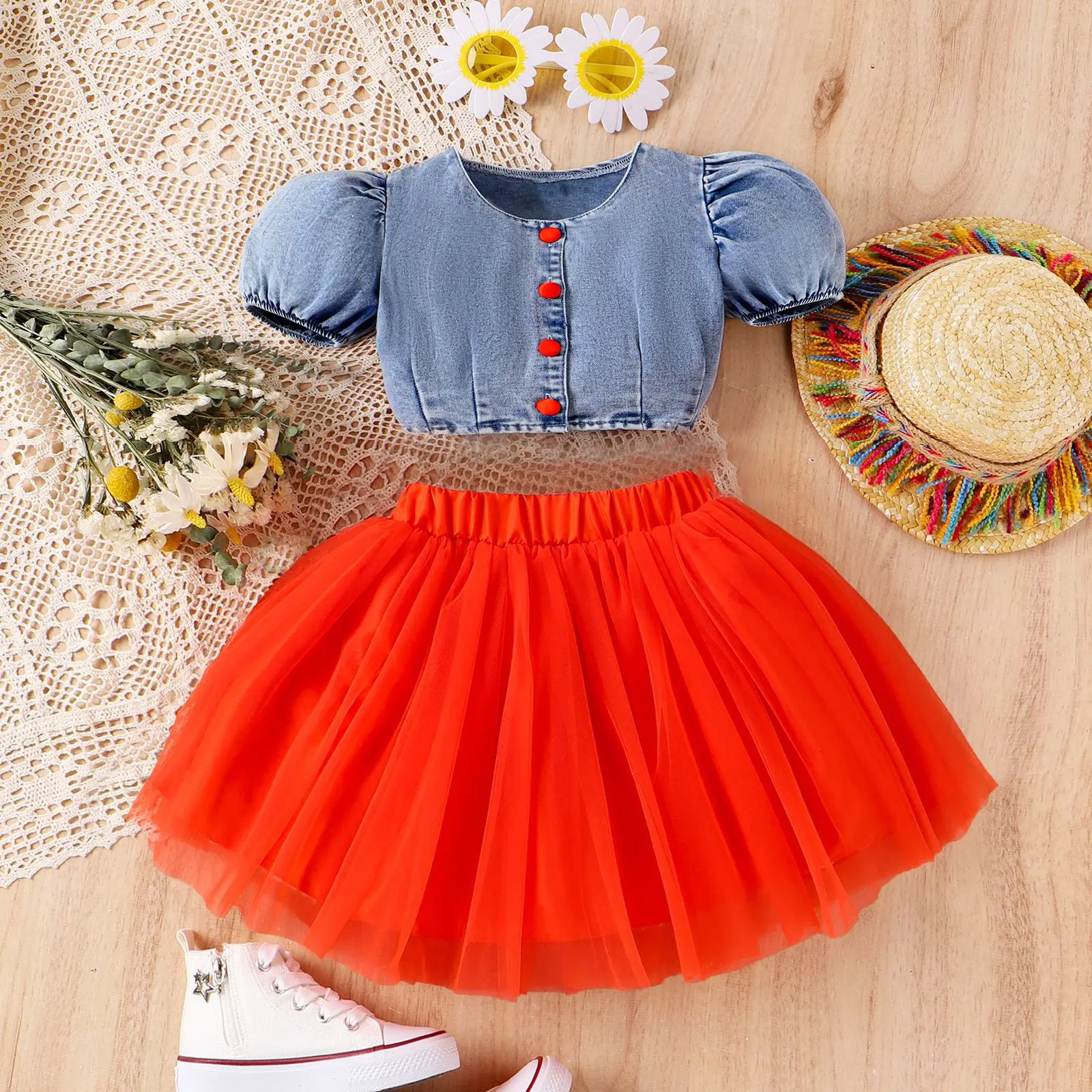 

Fashion Girls Outfit Sets Summer Puffy Sleeve Denim Top + Red Mesh Skirts 2pc Kids Clothes Set For Girls Children