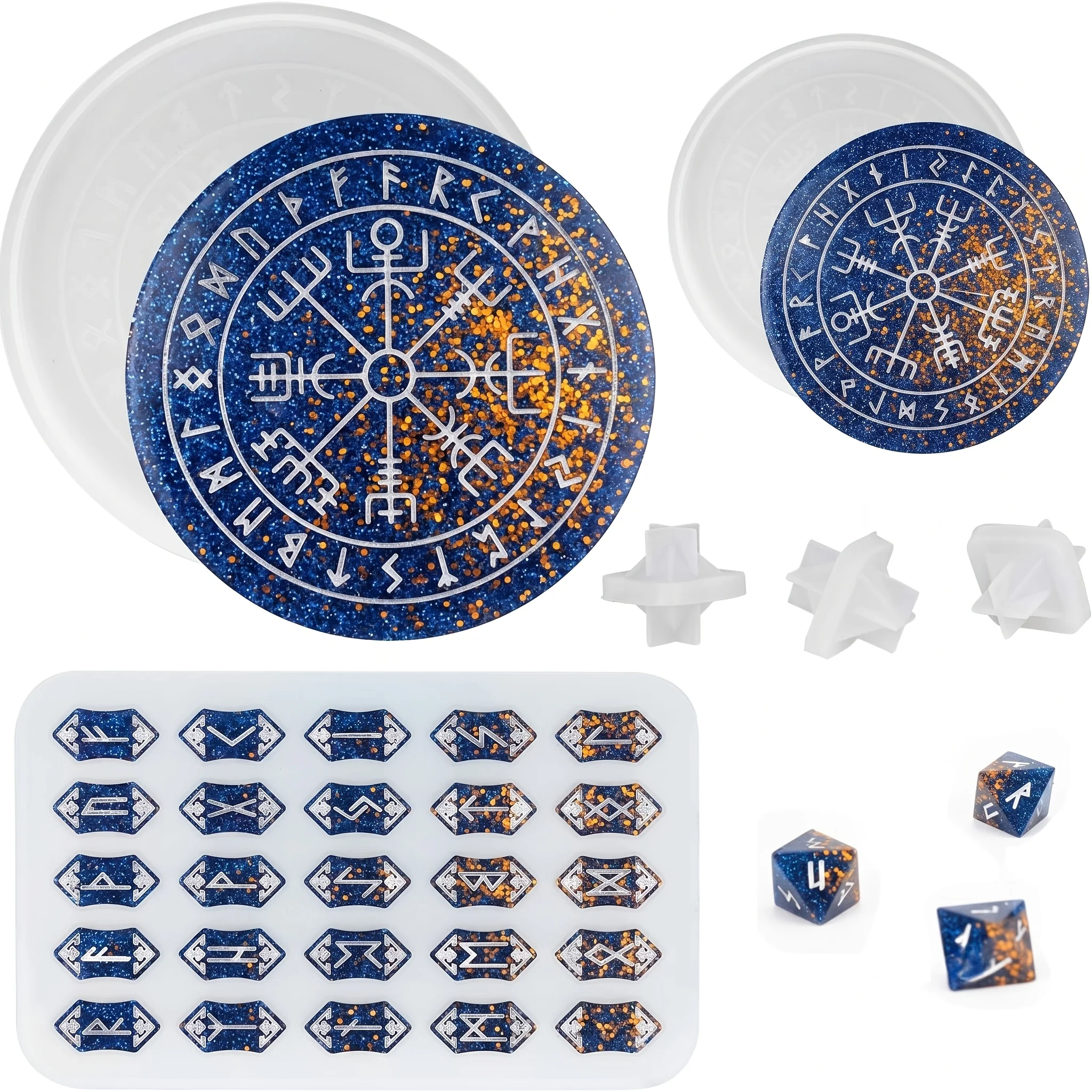 Viking Rune Silicone Resin Mold Set - 2 Coaster Molds + 3 Dice Molds + 25 Elder Futhark Rune Stones Moulds for Epoxy Resin Casting Compass, Witchcraft, Norse Pagan Crafts