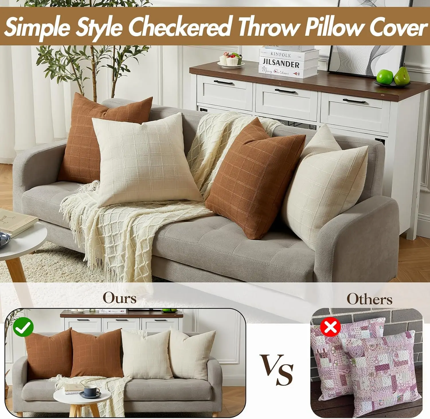 4PCS Soft Chenille Plaid Throw Pillow Covers Set Vintage Neutral Style Cushions Pillowcase Throw Pillow Pillowcover Decorative Farmhouse Boho Cushions for Sofa, Couch, Bedroom, Living Room