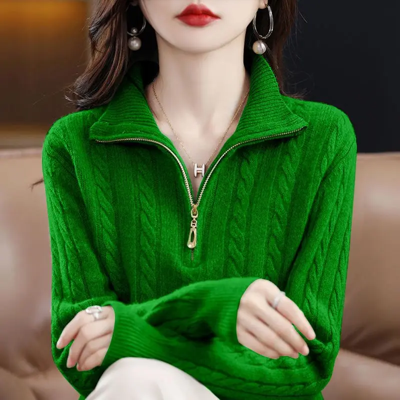 Autumn and Winter Women\'s Solid Color Pullover Round Neck Zipper Long Sleeve Loose Fit Knitted Woolen Underlay Fashion Tops