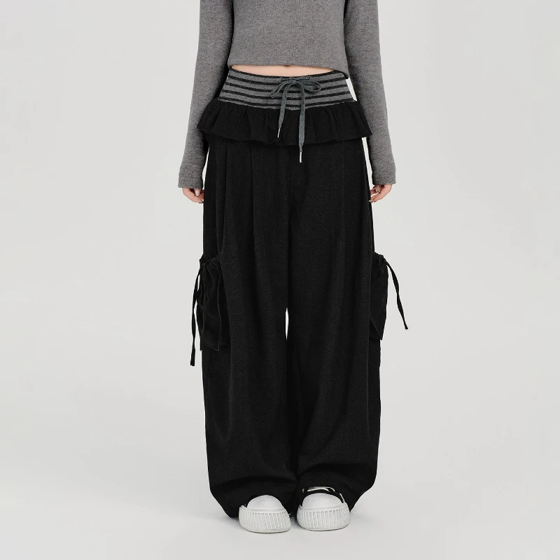 American Retro Striped Splicing Straight-Leg Women's Casual Pants 2025 Autumn Winter New Loose Wide-Leg Long Trousers Ladies
