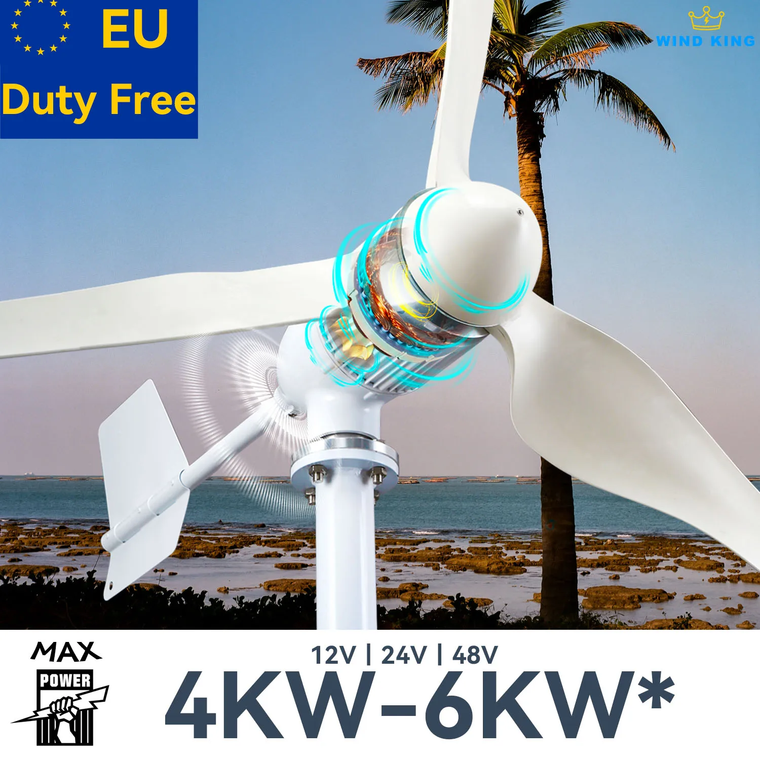 【High Power】WindKing Max 6KW Wind Turbine 3 Blades 12V 24v 48v High Efficiency Power Output Turbine With Hybrid Charger System.