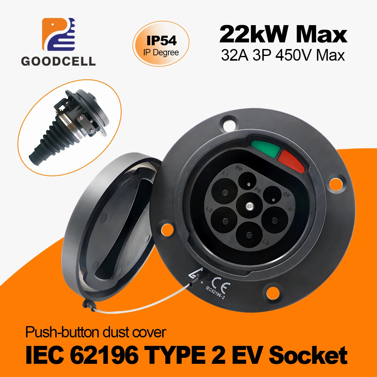 

GOODCELL IEC 62196 Type 2 Автомобильная боковая розетка для электромобиля 32A Розетка для зарядки электромобиля без шнура Европейский стандарт