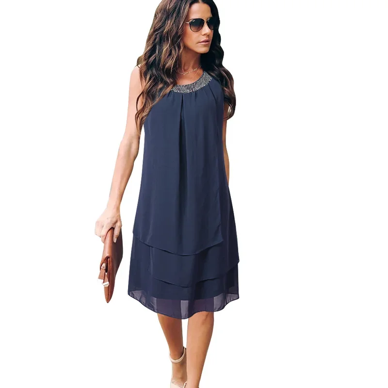 Vestido de gasa con lentejuelas negras para mujer, vestido elegante sin mangas con volantes, bodycon para fiesta, vestidos bohemios informales para playa 2024 S-5XL