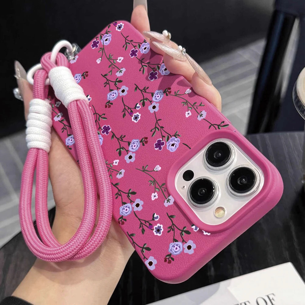 Thin Branch Purple Floral Strap Rope Phone Case For iPhone 17 16 15 Pro Max 16 15 14 Plus 17 16 Pro 17Air Silicone Matte Cover view 5