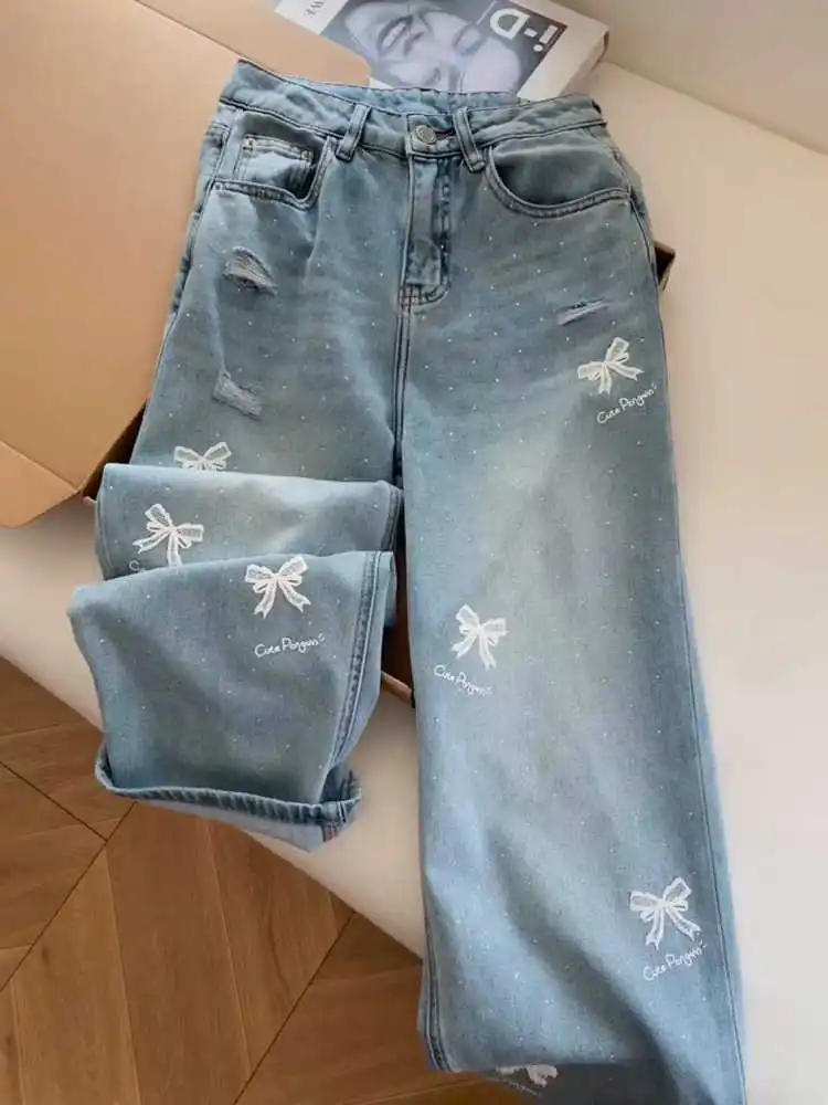 

Korean Style Loose Ripped Straight Leg Jeans Butterfly Pattern Hot Diamond Wideleg Pants Spring Summer All Match High Waist Pant