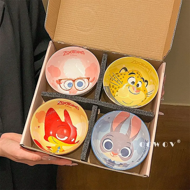 

4pcs Disney Nick Wilde Cartoon Ceramic Bowl High Beauty Cute Judith Laverne Hopps Rice Bowl Underglaze Ceramic Bowl Gift Box