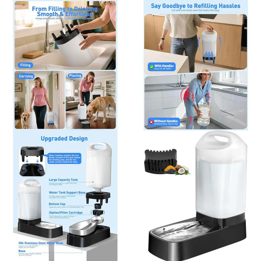 

Диспенсер для воды для домашних животных объемом 2,4 галлона с фильтром, чашей из нержавеющей стали и портативной ручкой для собак и кошек