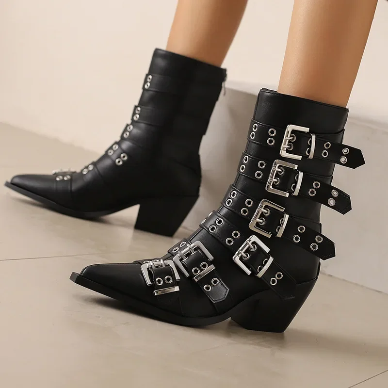 2025 Women's Fashion Pointed Punk Style Belt Buckle Pullback Short Boots European and American Sexy Nightclub Banquet Boots