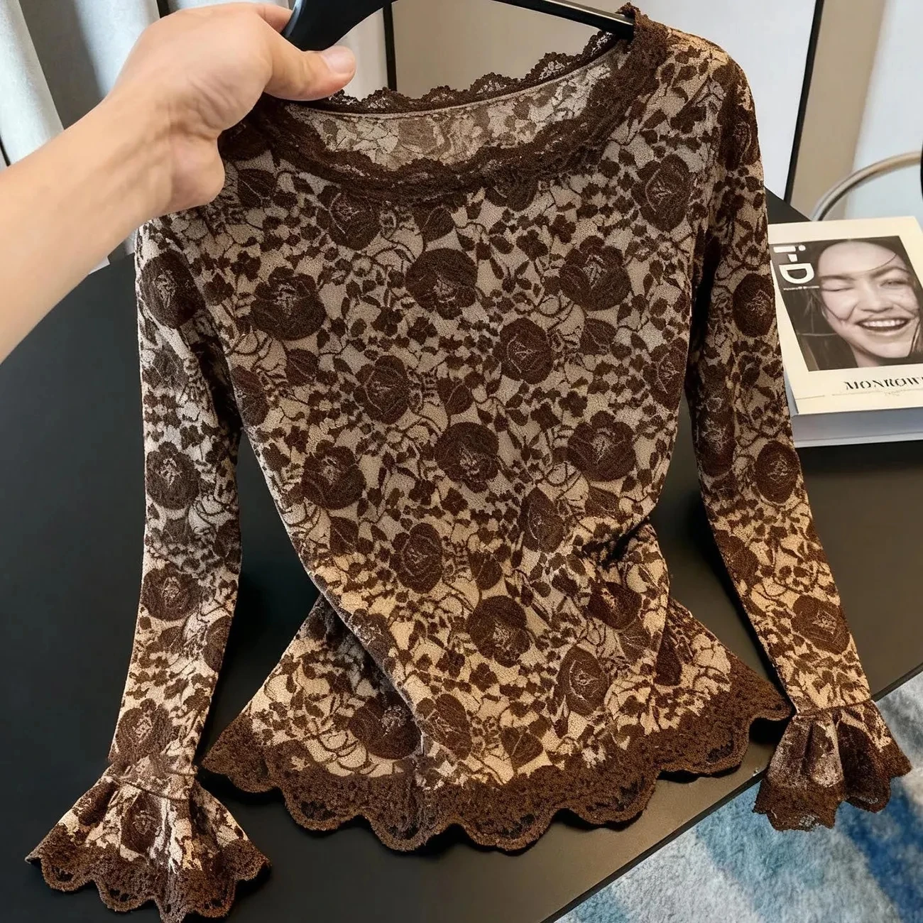 

Ele Кружевной топ, женский модный осенне-зимний универсальный высококачественный сенсорный топ с цветочным принтом, длинный све, дышащий...