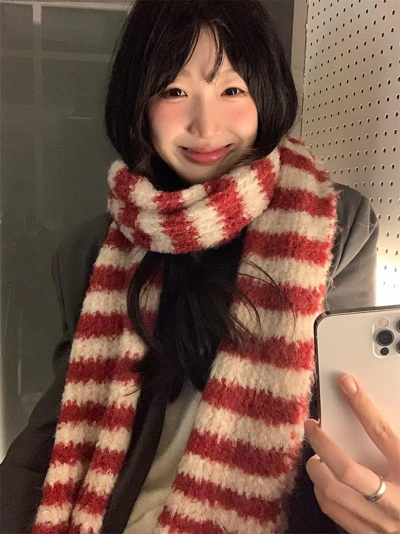 Korean Sle Striped Knitted Scarf Women Winter 2024 New All-Match High-Grade Wool Warm Christmas and New Year Gift