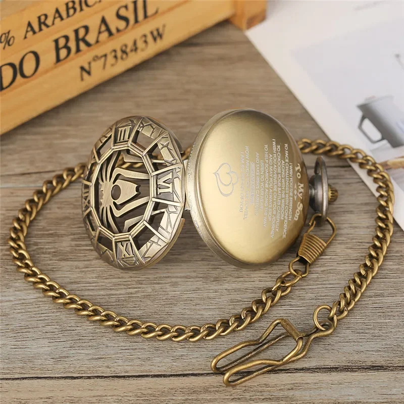 Reloj de bolsillo analógico de cuarzo con cubierta de araña hueca de bronce para hombres, mujeres y niños, reloj de cadena con colgante, regalo coleccionable