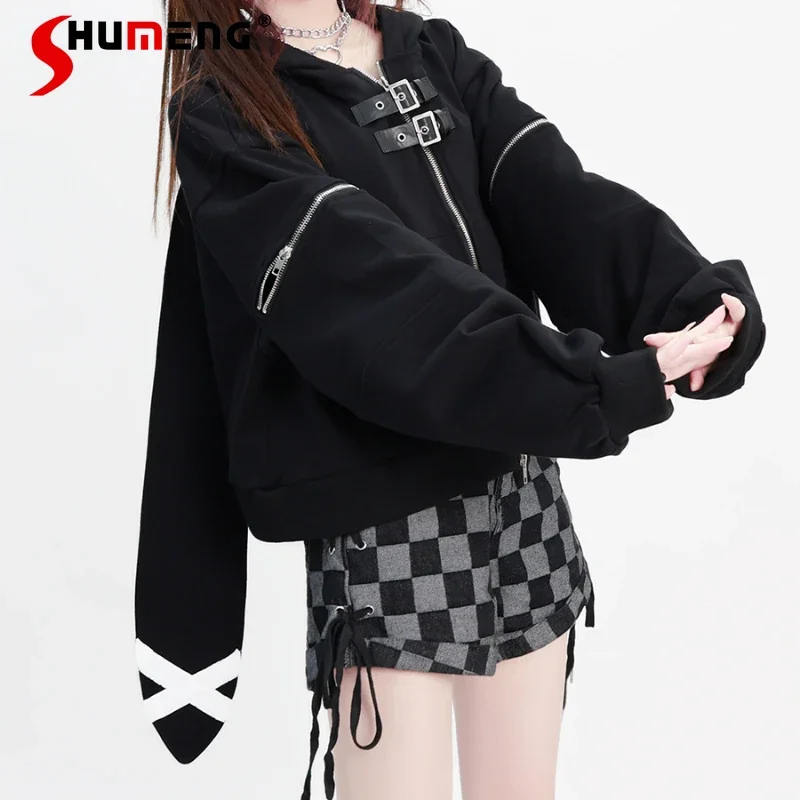 Japanese Style Women\'s Clothes Short Loose Rabbit Ears Hooded Sweatshirts Loose Zip Autumn Winter New Pullover Jaquetas De Mujer