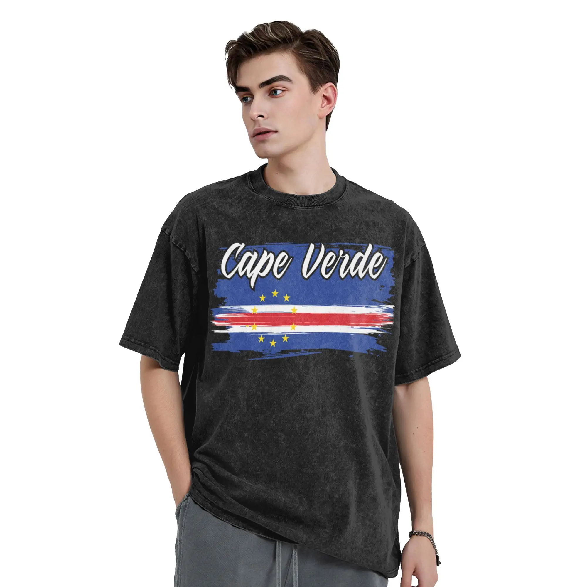 Cape Verde Flag Cabo Verde Washed T Shirt Streetwear  Novelty T-Shirt  Tee Shirt Men Women 100% Cotton Harajuku Summer