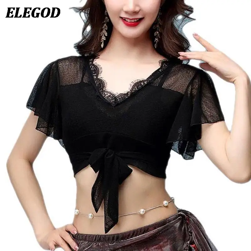 Female Adult Belly Dance Sexy Top Oriental Indian Dance Elegant Lace Top Women Bellydance Practice Training Suit Goddess Costume