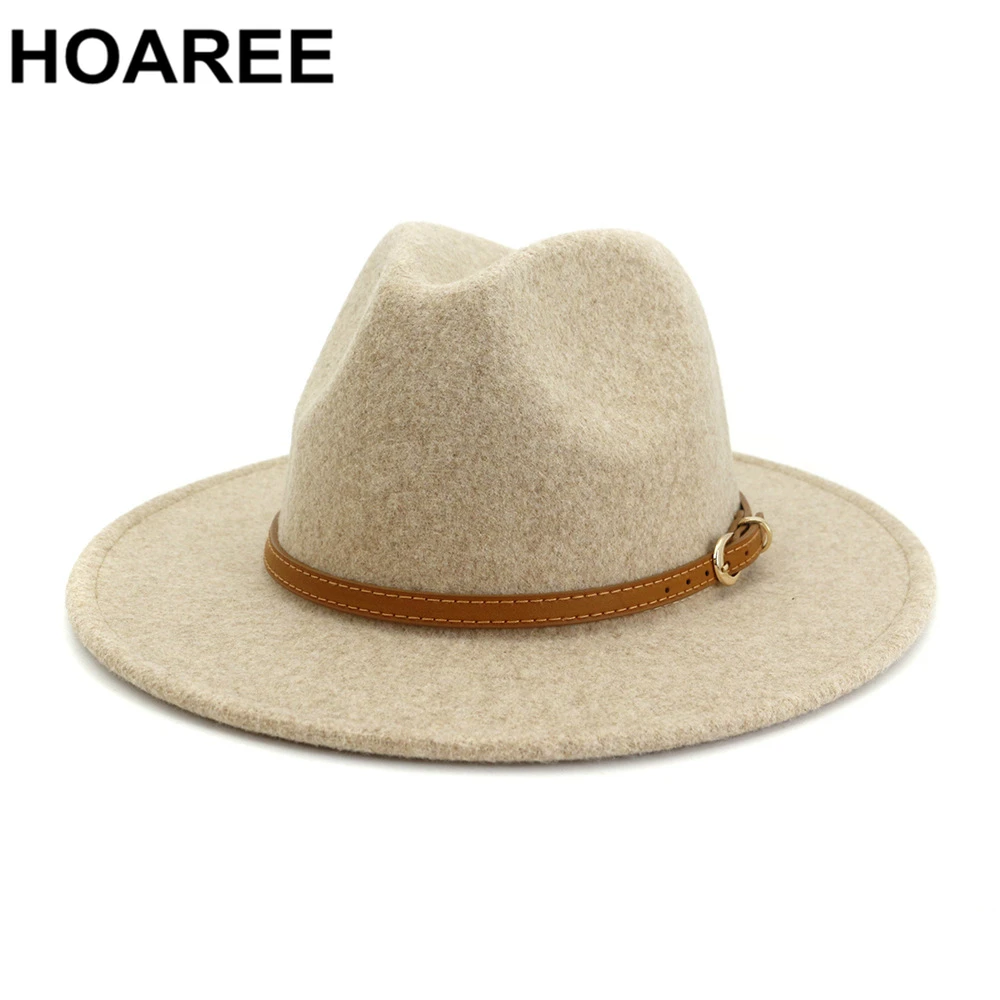 HOAREE Beige Wool Fedora Hat for Woman British Style Mens Fedora Hat with Belt Casual Unisex 2024 New Fall Winter Wide Brim Hat