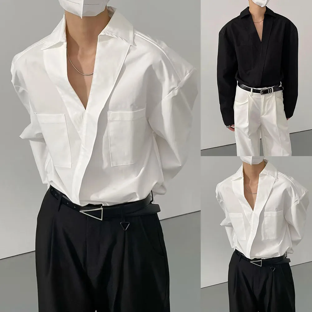 

Men V Neck Loose Simple Shirts Handsome Solid Light Mature Style Long Sleeve Blouse Top Men's Clothes Fashion